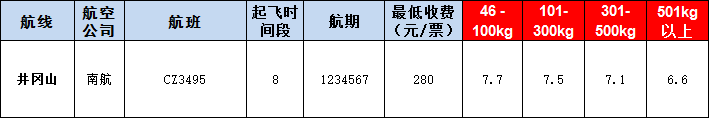 井岡山空運報價表-井岡山飛機空運價格-9月12號