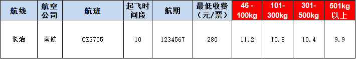 長治空運(yùn)報價表-長治飛機(jī)空運(yùn)價格-9月17號