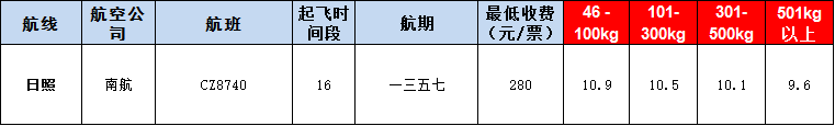 10月25號廣州到日照空運價格